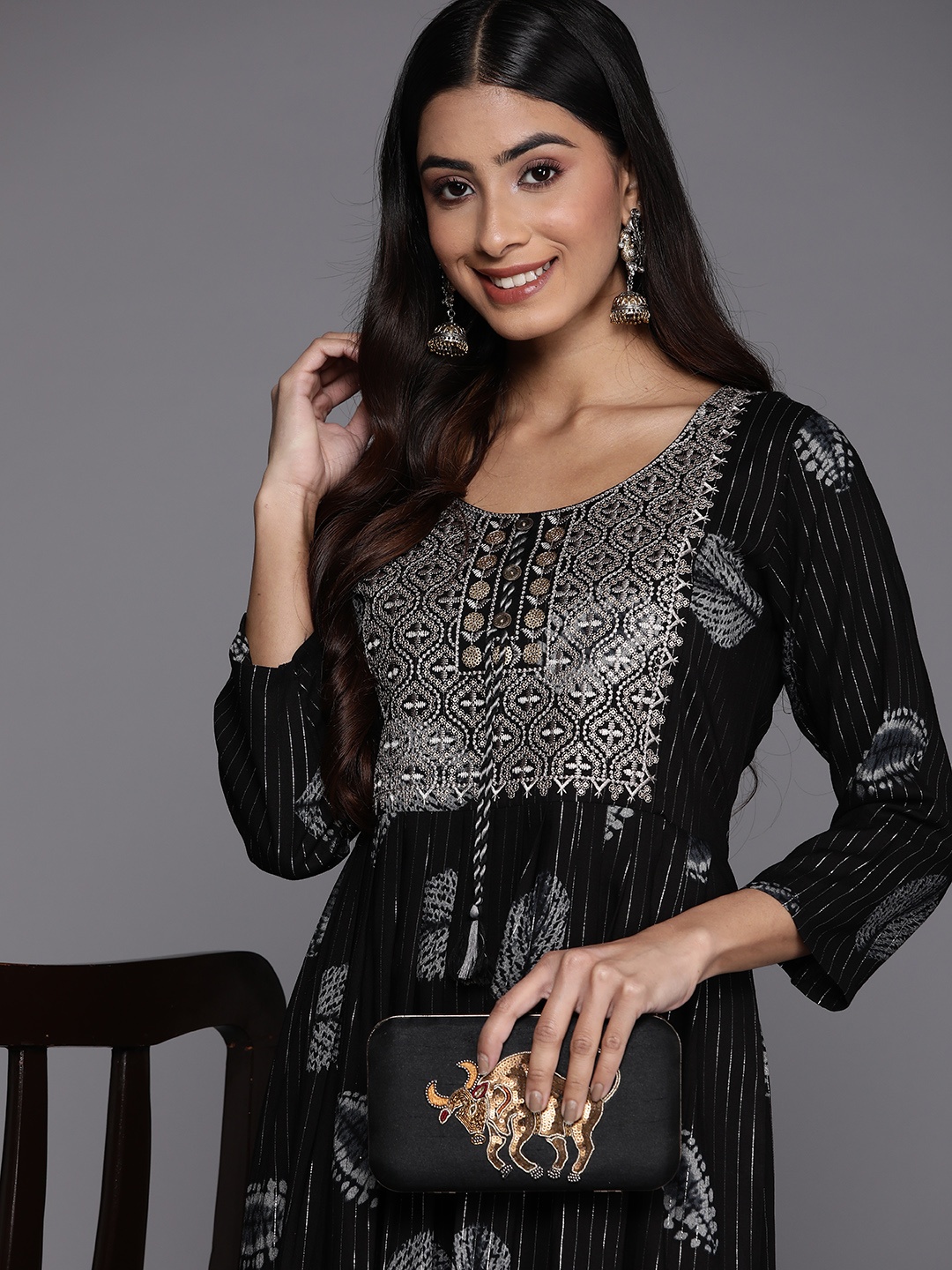 

Libas Ethnic Motifs Embroidered Sequined Fit & Flare Maxi Dress, Black