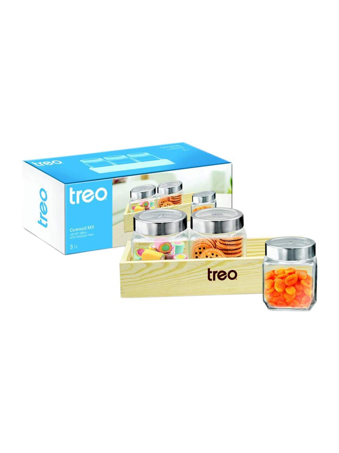 

Treo Cuwood Set of 3 Transparent Storage Glass Jar With Wooden Tray 580 ml Each