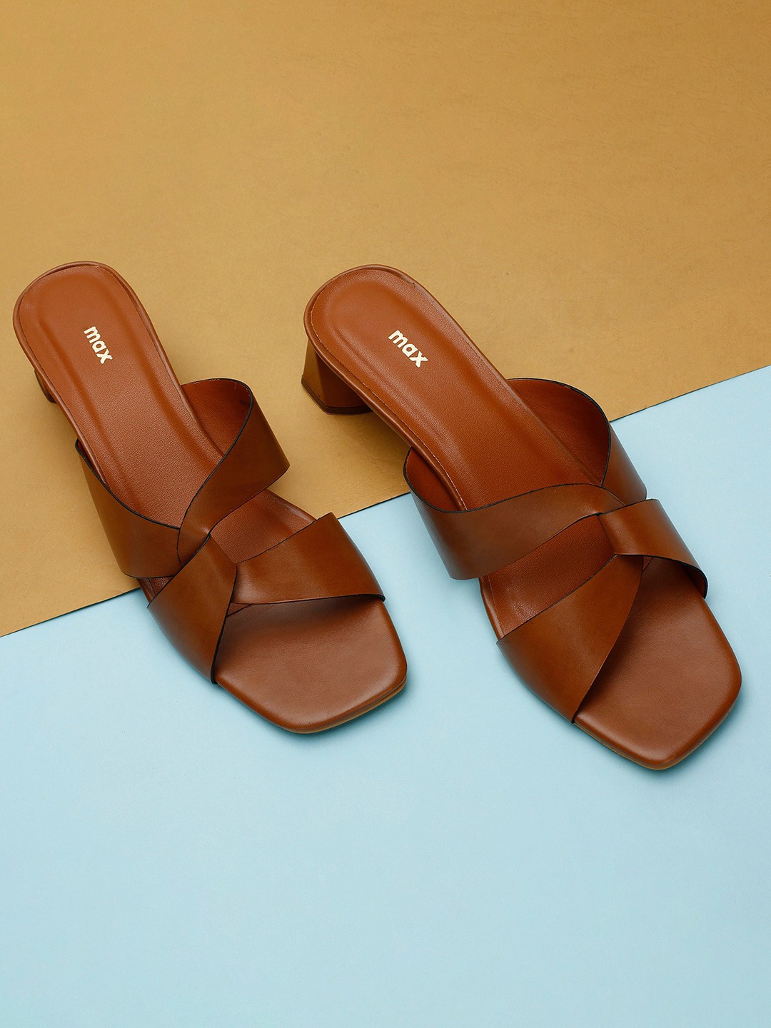 

max Square Toe Open Back Block Heels, Tan