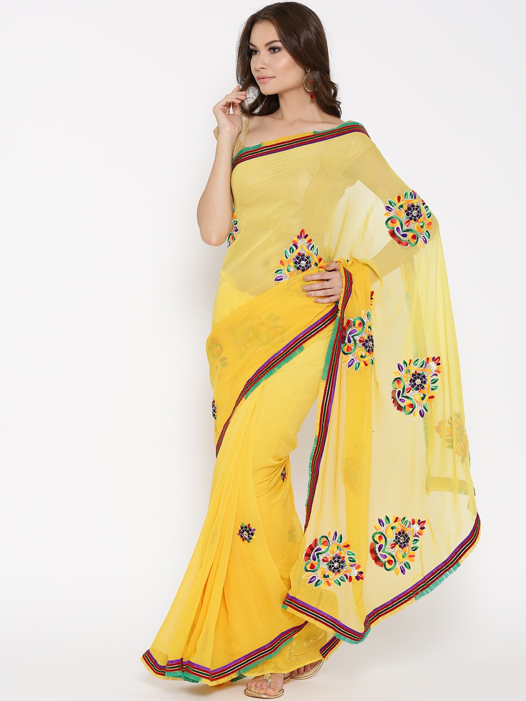 

Chhabra 555 Yellow Embroidered Saree