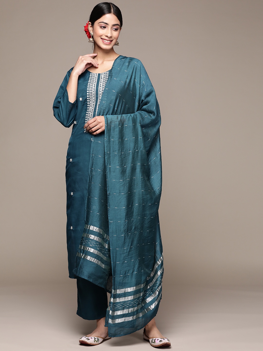 

Anubhutee Women Ethnic Motifs Embroidered Kurta With Trousers & Dupatta, Teal