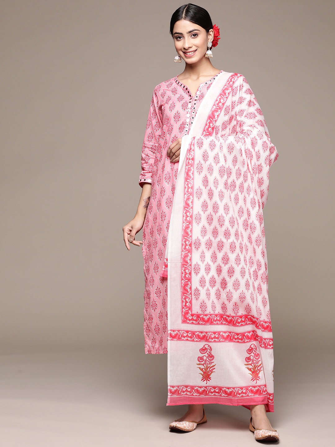 

Anubhutee Women Ethnic Motifs Printed Mirror Work Pure Cotton Kurta Set, Pink