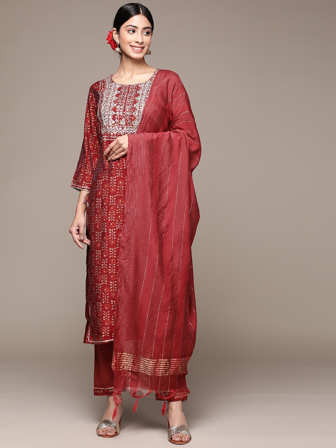 

Anubhutee Women Ethnic Motifs Embroidered Kurta With Trousers & Dupatta, Rust