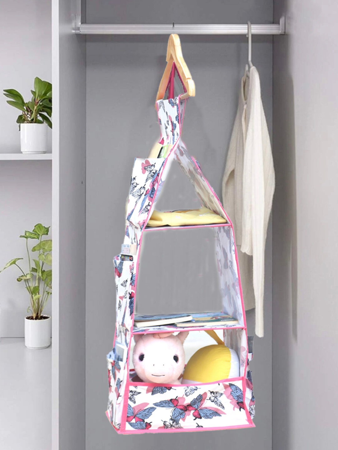 

My Gift Booth White & Pink Printed 3-Layer Cotton Hanging Organisers