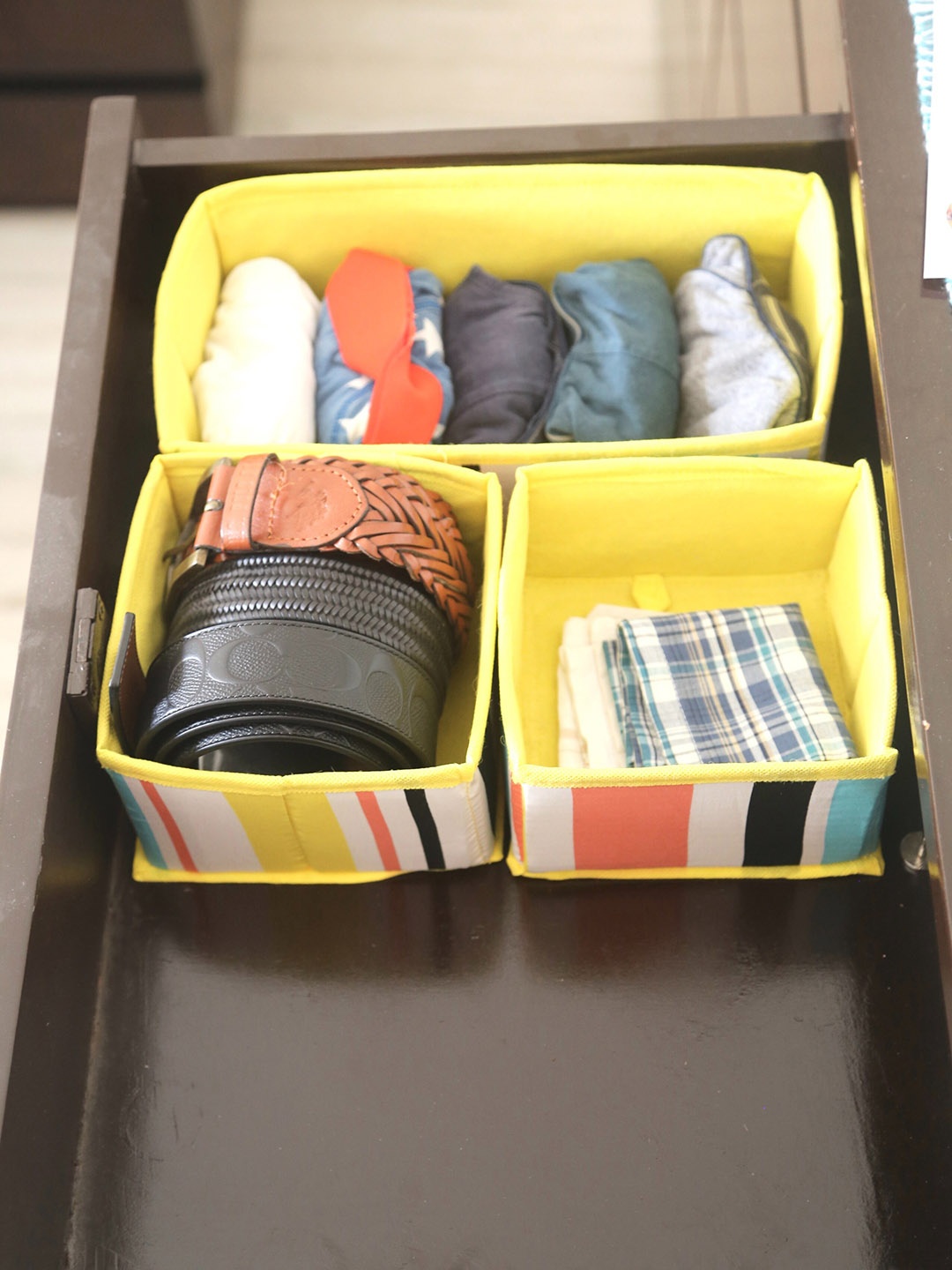 

My Gift Booth 3-Pieces Yellow & White Striped Cotton Reusable Drawer Organizers