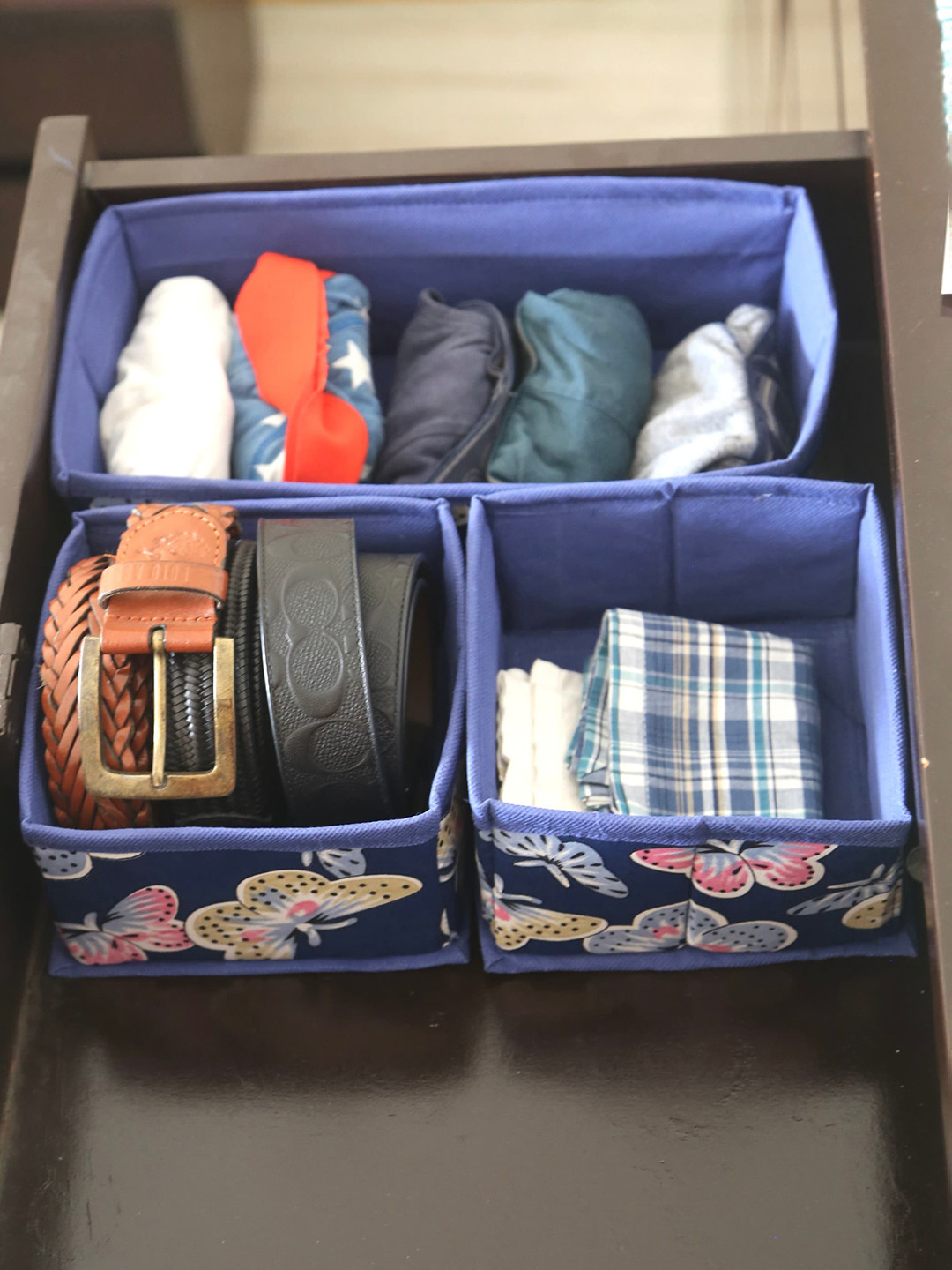 

My Gift Booth 3 Pieces Navy Blue & Pink Butterfly Printed Cotton Organisers