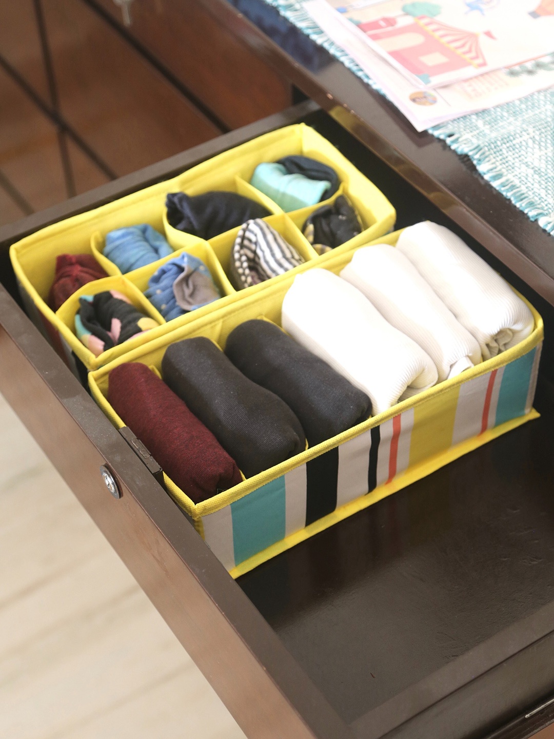 

My Gift Booth 2 Pieces Yellow & White Striped Cotton Reusable Drawer Organizers