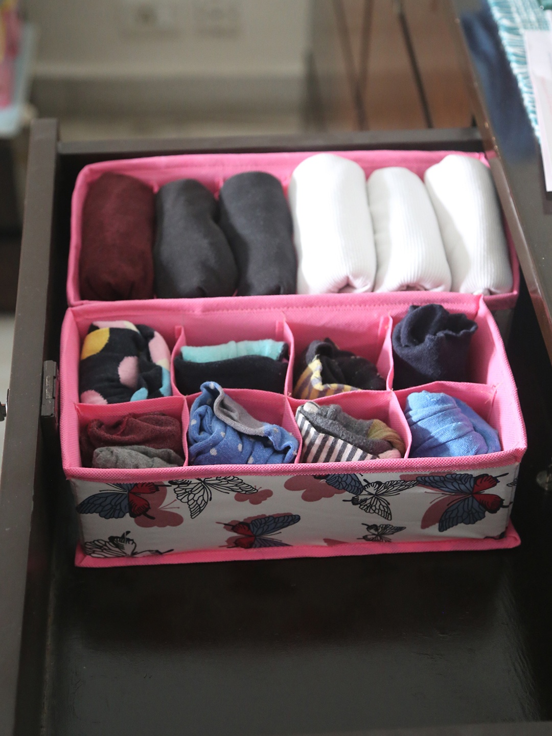 

My Gift Booth 2-Pcs White & Pink Butterfly Printed Cotton Reusable Drawer Organizers