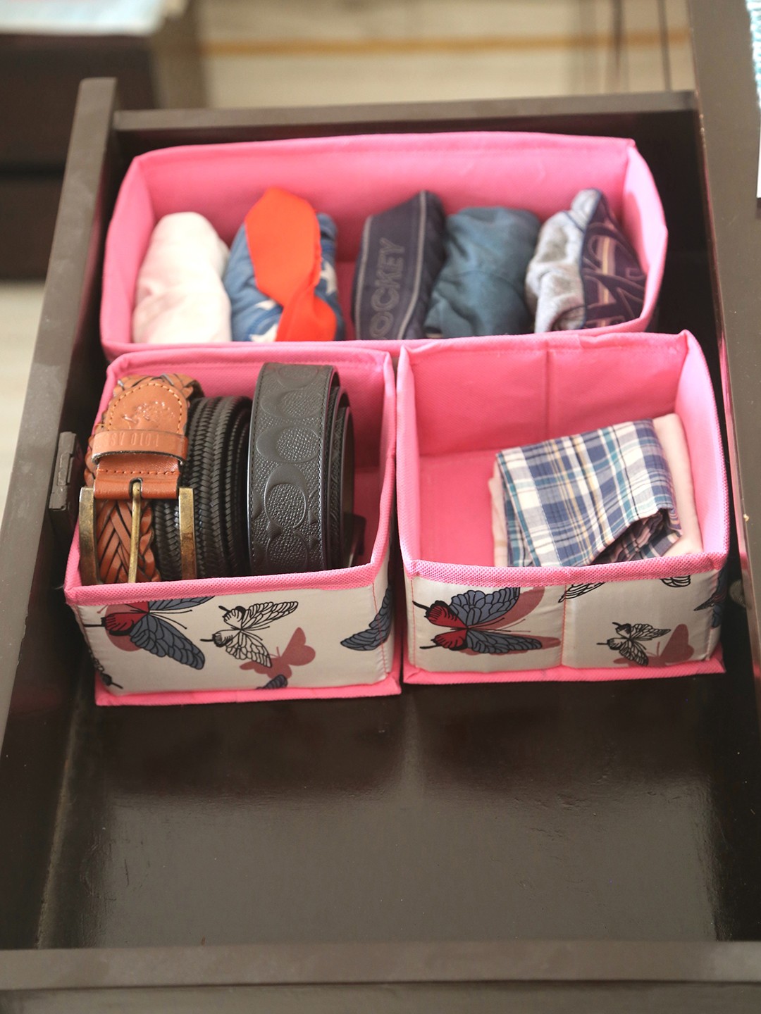 

My Gift Booth 3 Pieces White & Pink Printed Cotton Reusable Drawer Organisers