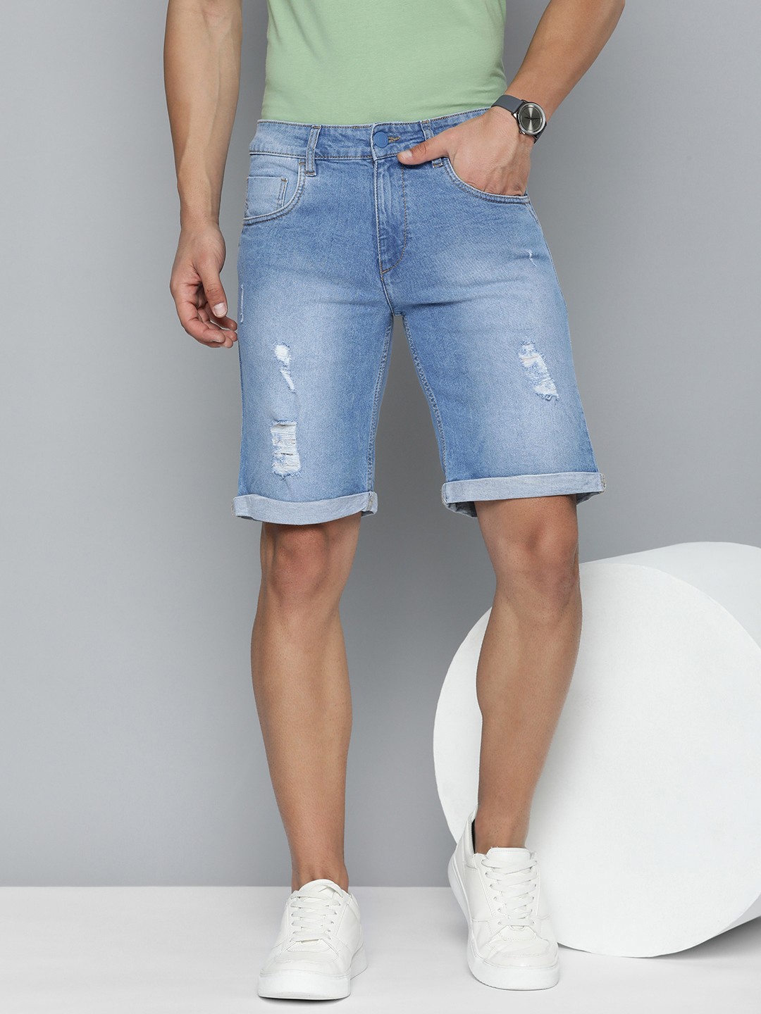 

Mast & Harbour Men Mildly Distressed Denim Shorts, Blue