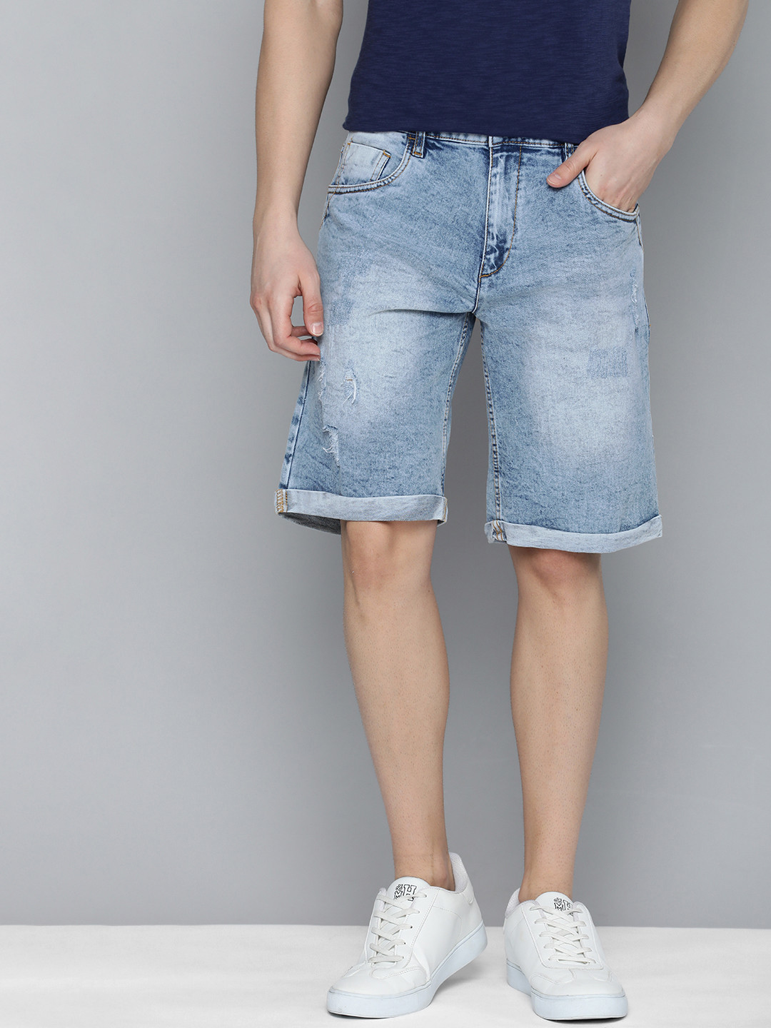 

Mast & Harbour Men Washed Mildly Distressed Regular Fit Mid-Rise Denim Shorts, Blue
