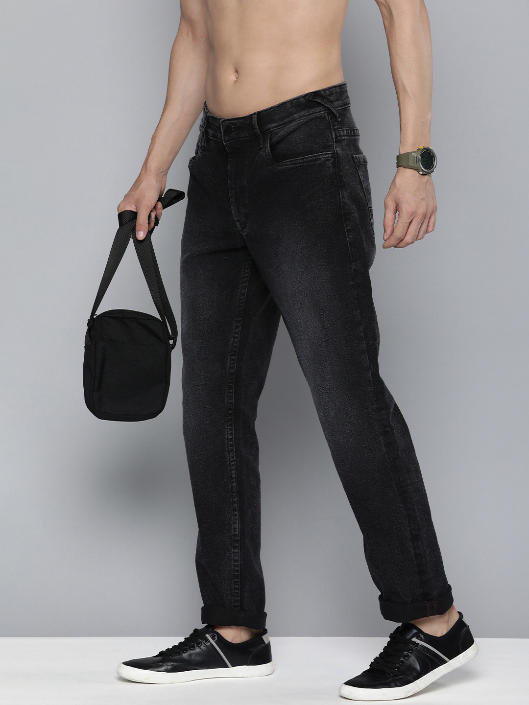

HERE&NOW Men Slim Fit Heavy Fade Stretchable Jeans, Black
