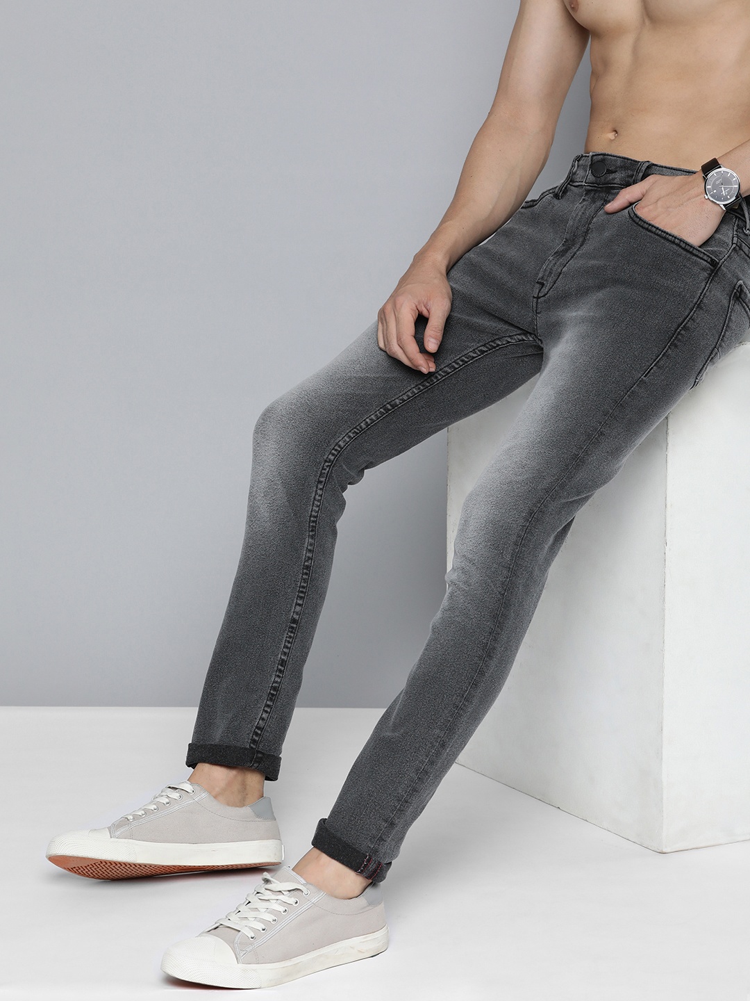 

HERE&NOW Men Skinny Fit Heavy Fade Stretchable Jeans, Charcoal