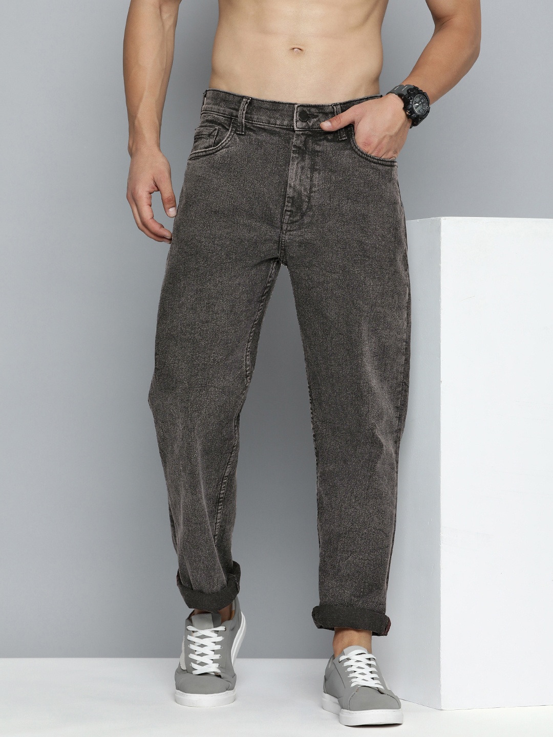 

HERE&NOW Men Light Fade Stretchable Mid-Rise Jeans, Black