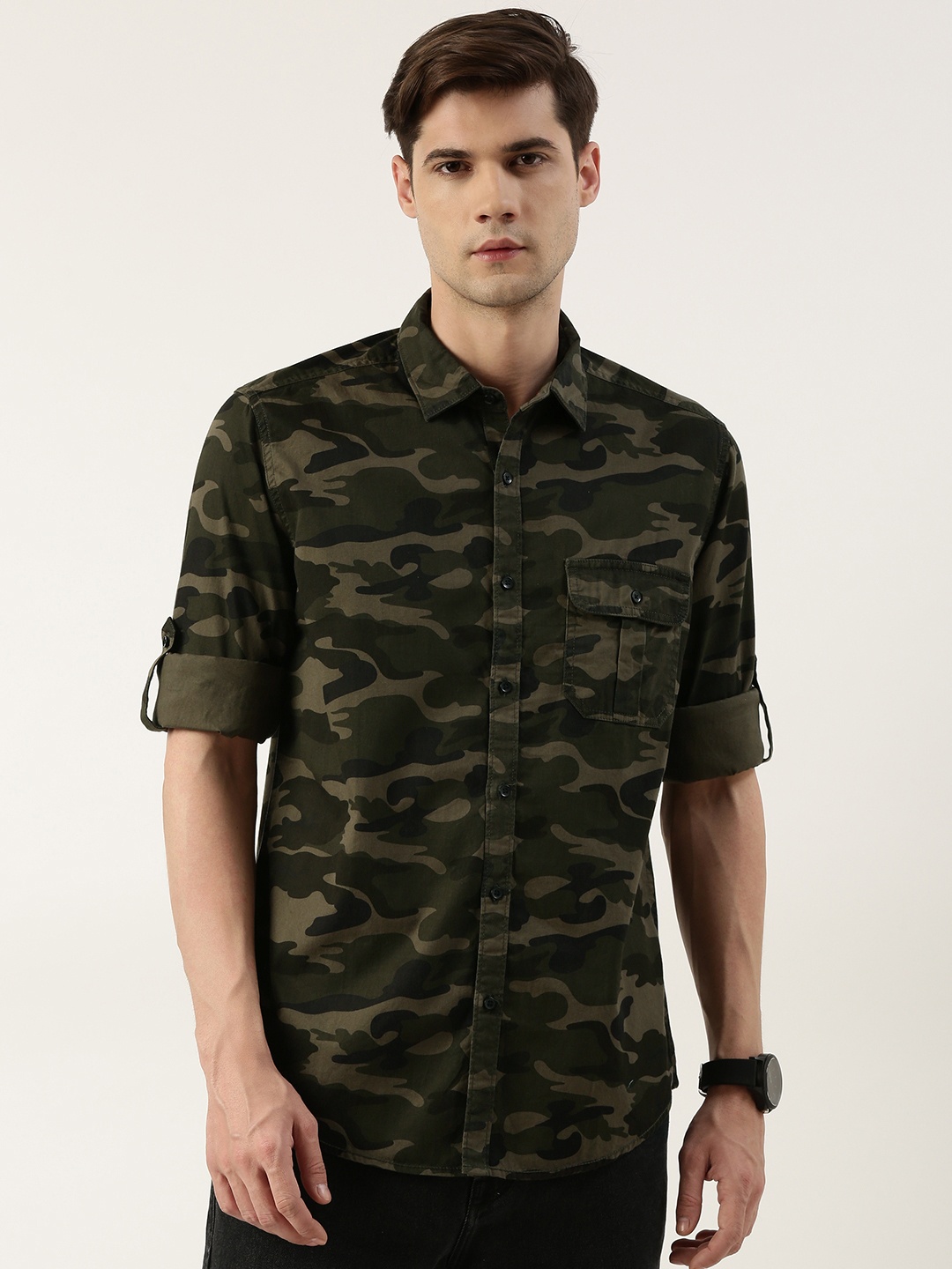 

IVOC Men Standard Camouflage Printed Pure Cotton Casual Shirt, Olive