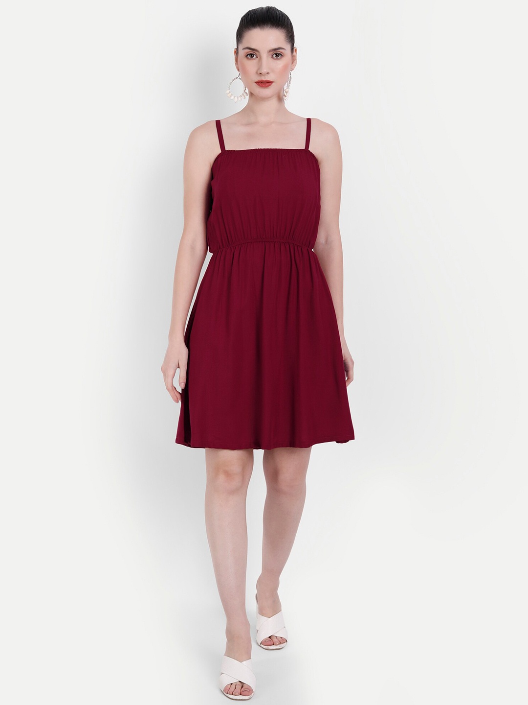 

Globon Impex Shoulder Straps Smocked Fit & Flare Dress, Maroon