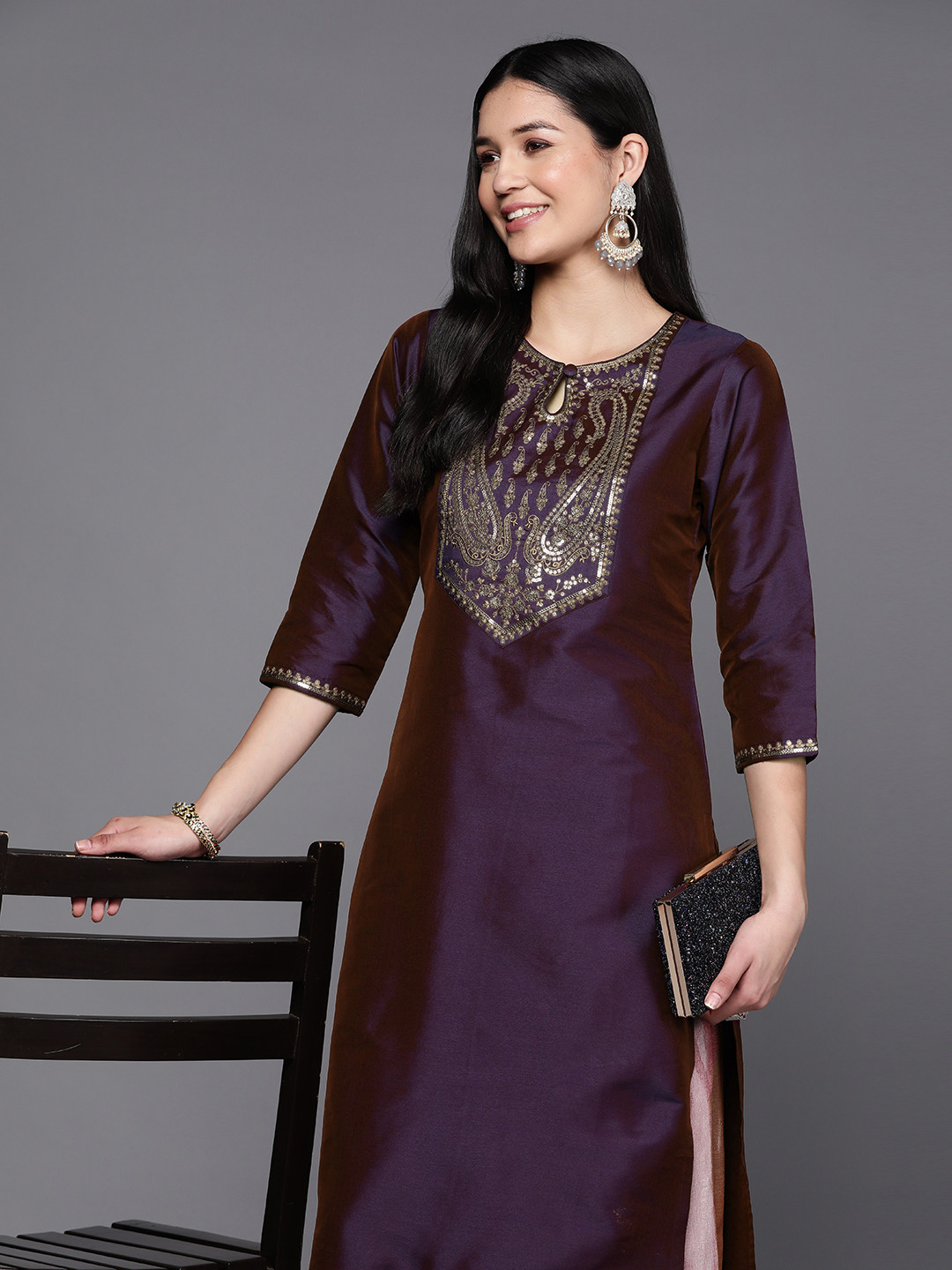 

Libas Women Purple Yoke Design Keyhole Neck Kurta