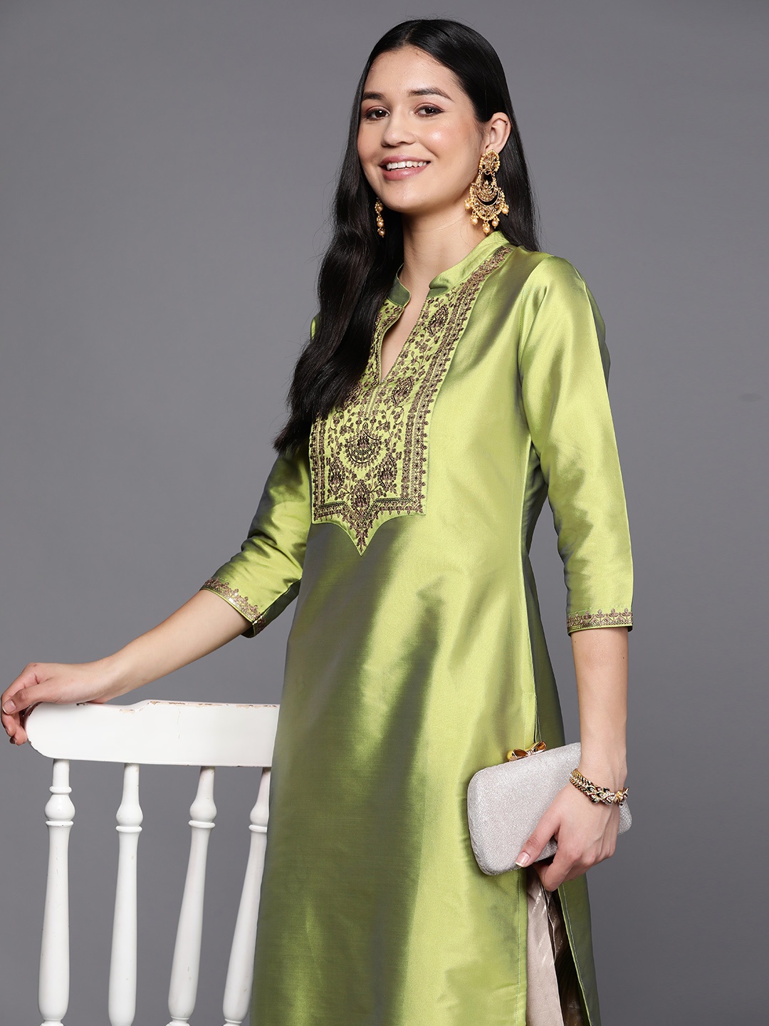 

Libas Women Floral Yoke Design Silk Kurta, Green