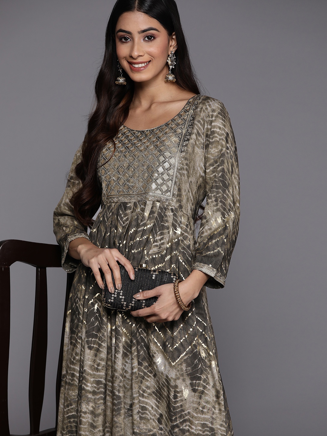 

Libas Tie & Dye Sequined Fit & Flare Maxi Dress, Olive