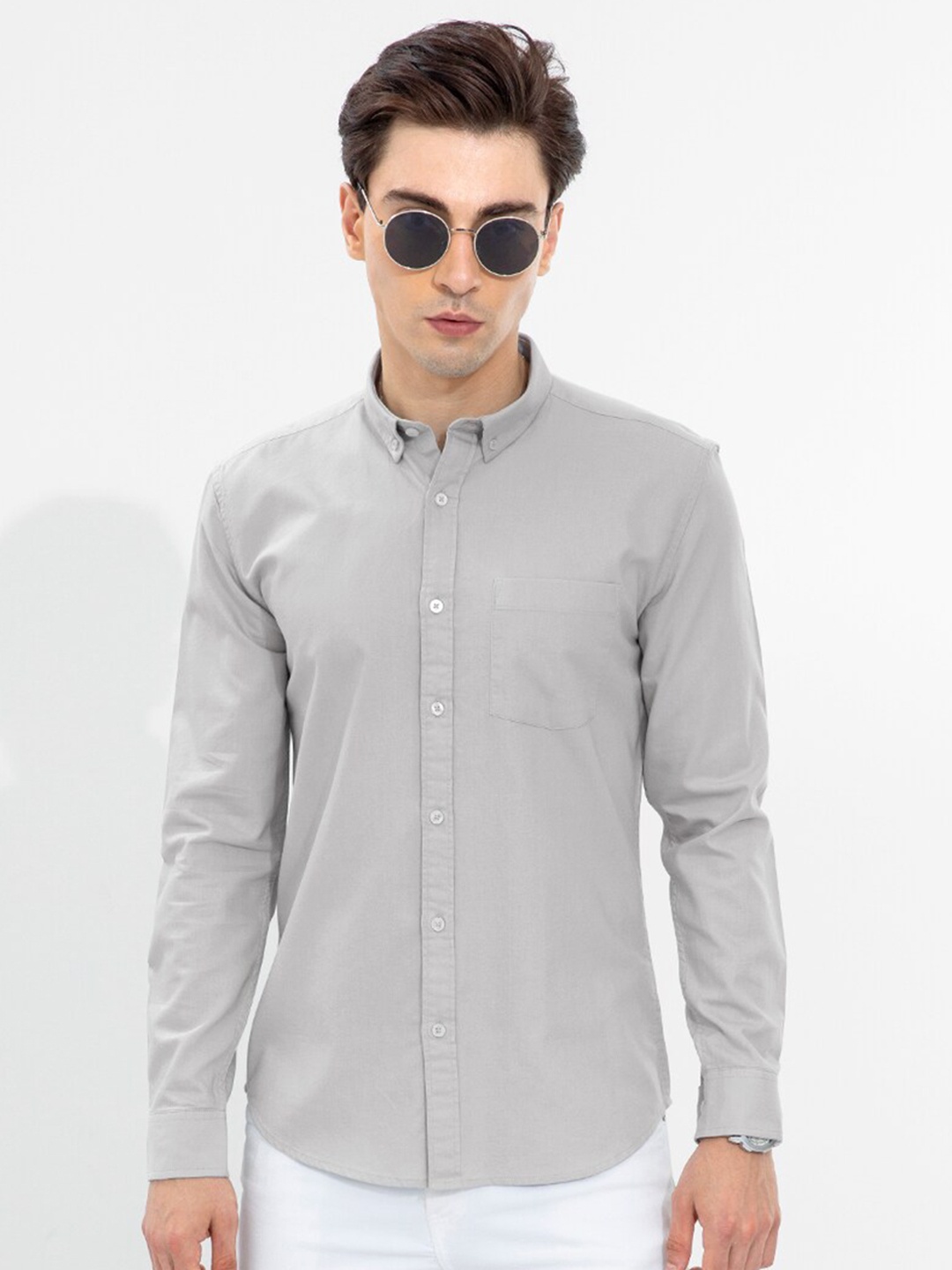 

Snitch Slim Fit Button Down Collar Casual Cotton Shirt, Grey