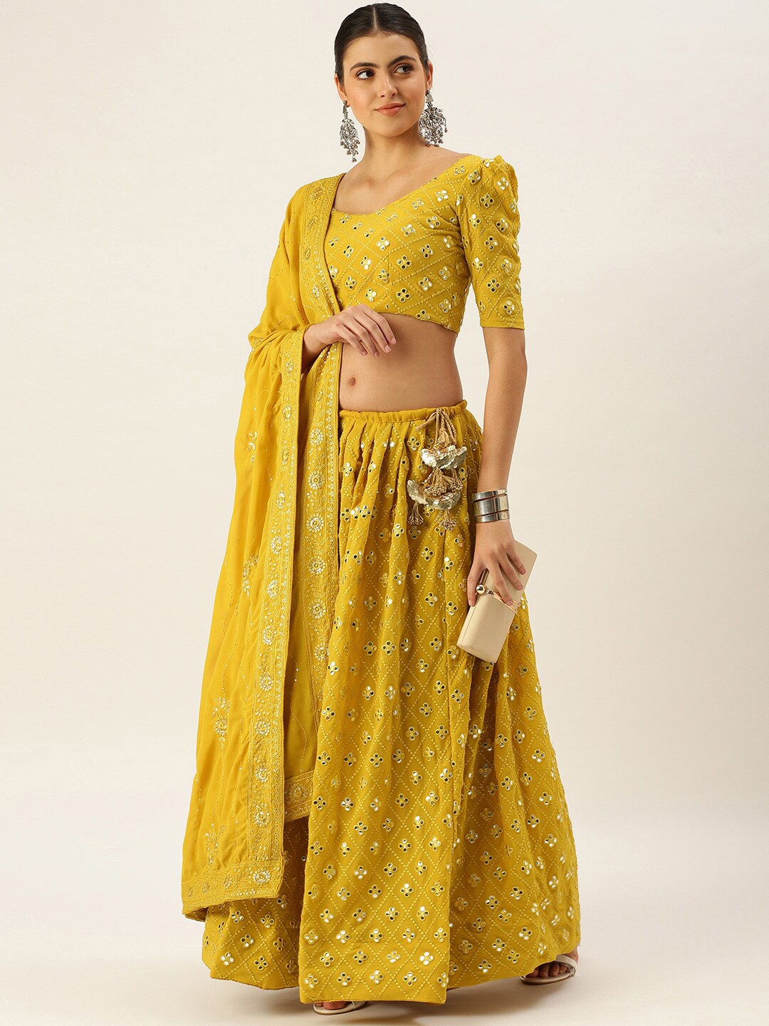 

Zainab chottani Embroidered Mirror Work Semi-Stitched Lehenga Choli With Dupatta, Mustard