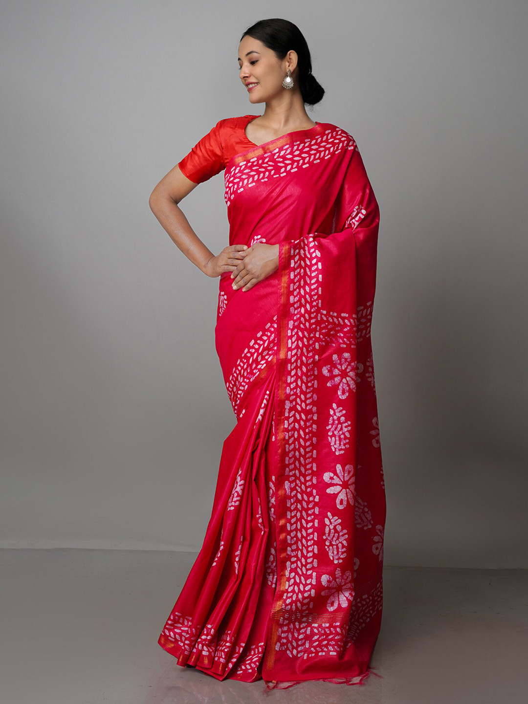 

Unnati Silks Batik Zari Pure Silk Chanderi Saree, Pink