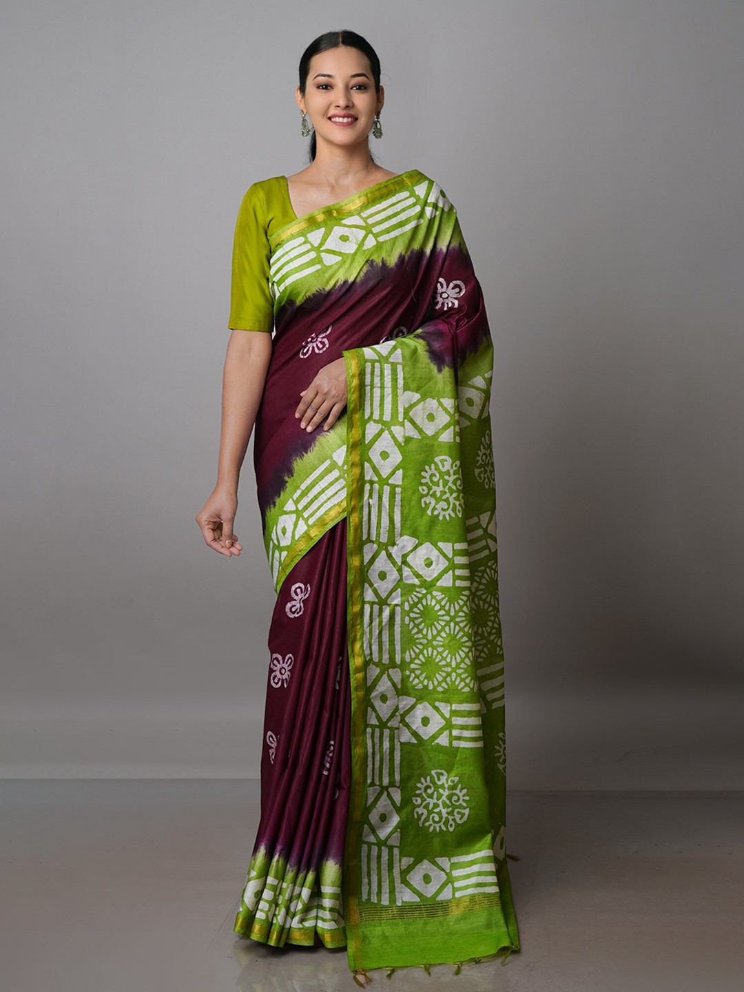 

Unnati Silks Batik Printed Zari Boardered Pure Silk Chanderi Saree, Purple