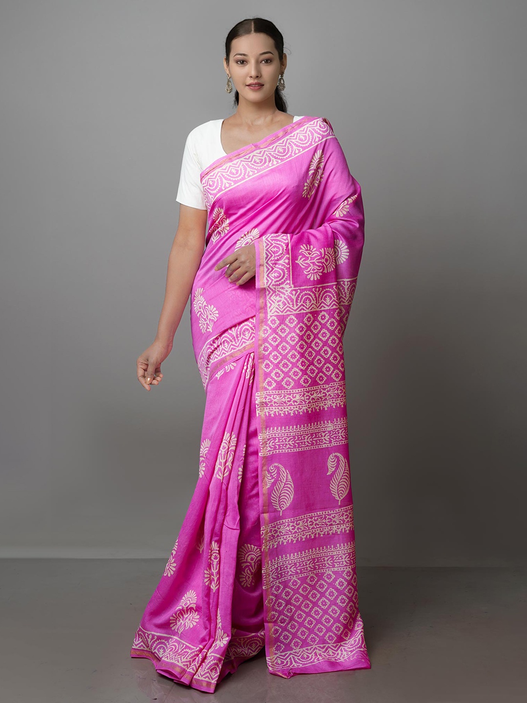 

Unnati Silks Ethnic Motifs Silk Cotton Chanderi Saree, Pink