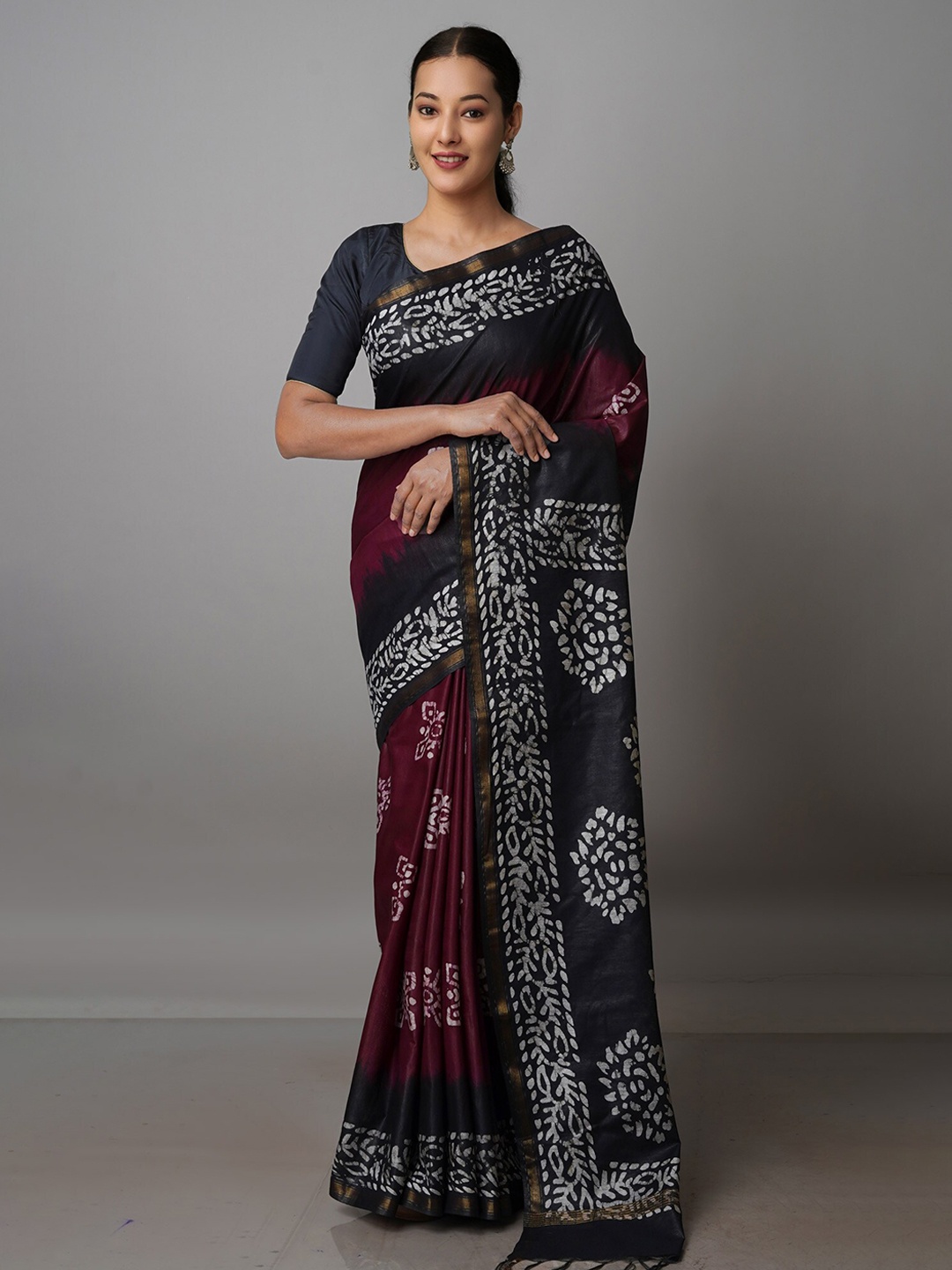 

Unnati Silks Batik Zari Pure Silk Chanderi Saree, Burgundy