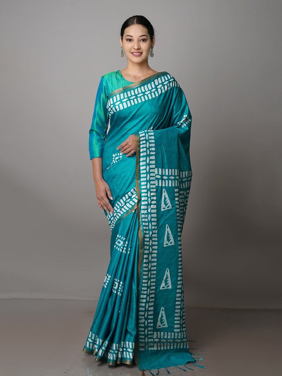 

Unnati Silks Batik Zari Pure Silk Chanderi Saree, Turquoise blue