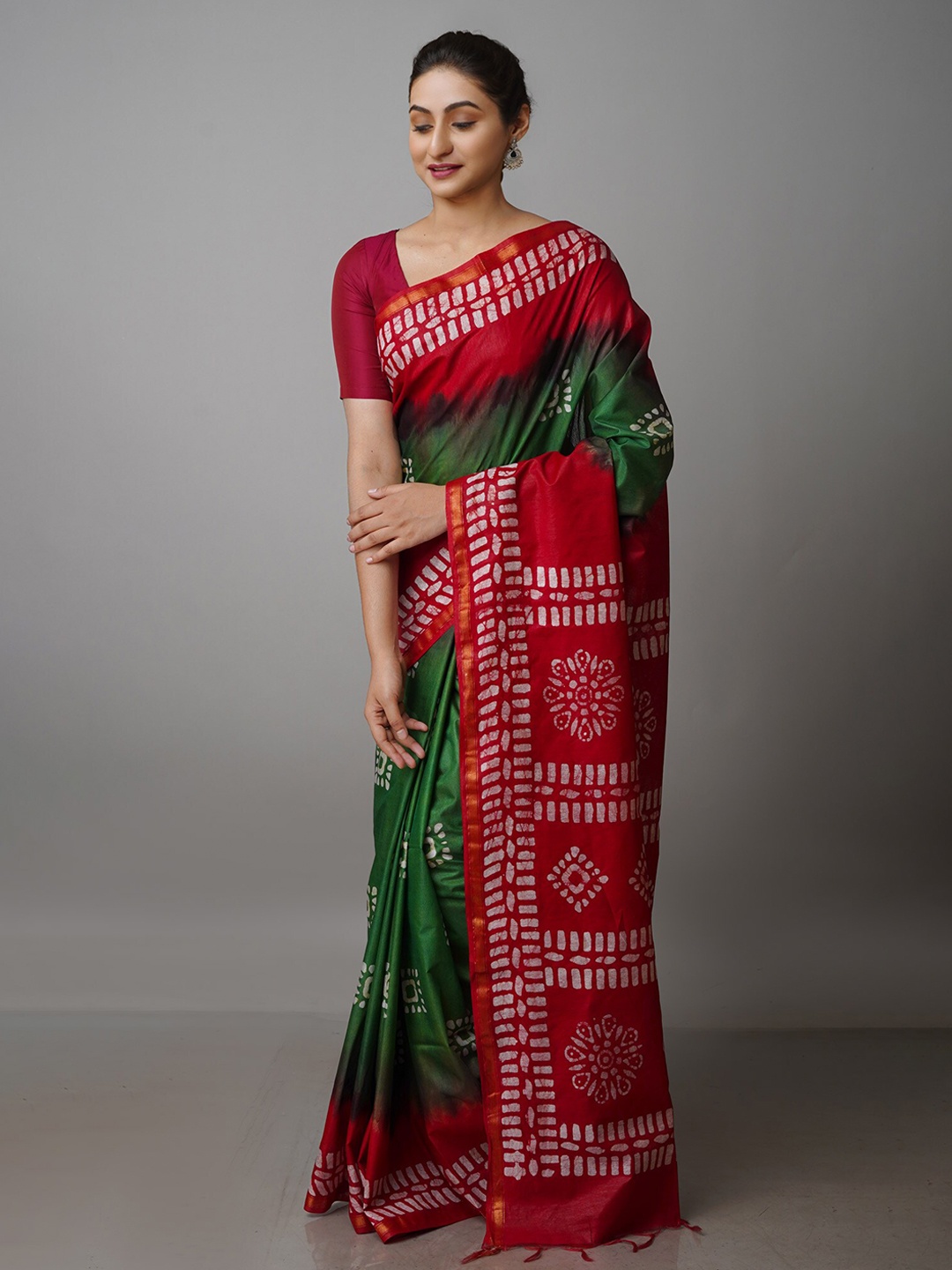 

Unnati Silks Batik Zari Pure Silk Chanderi Saree, Green