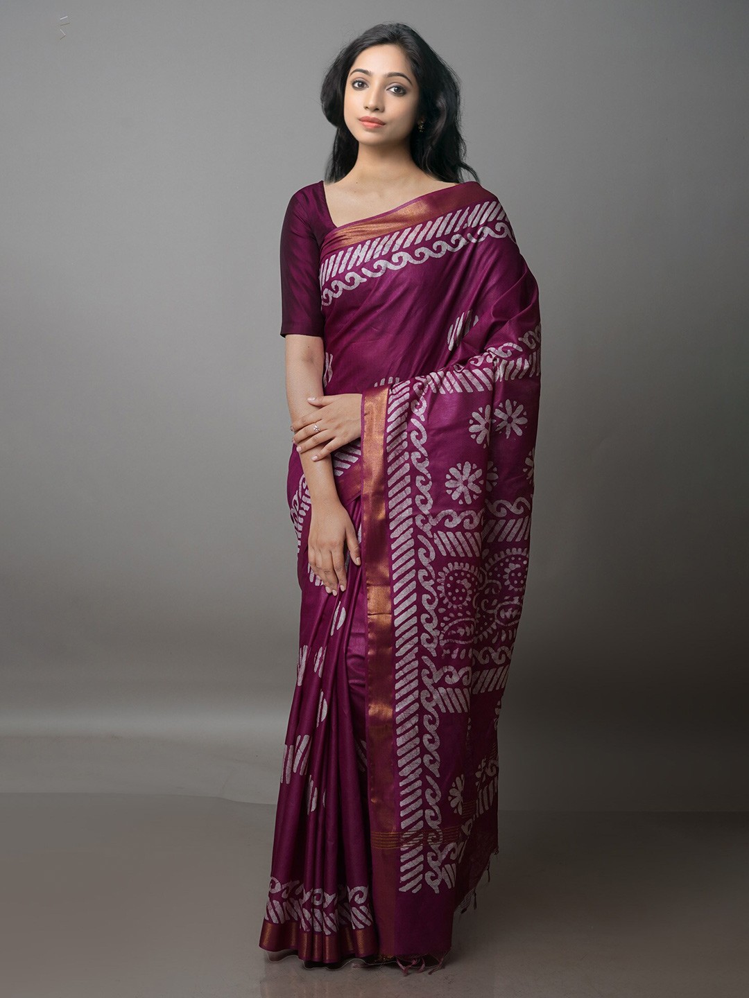 

Unnati Silks Batik Printed Zari Pure Silk Chanderi Saree, Purple