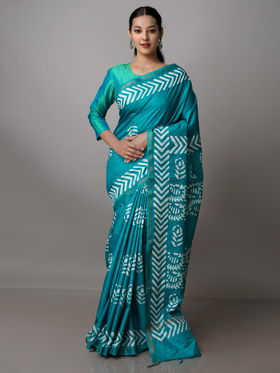 

Unnati Silks Batik Zari Handloom Pure Silk Chanderi Saree, Turquoise blue