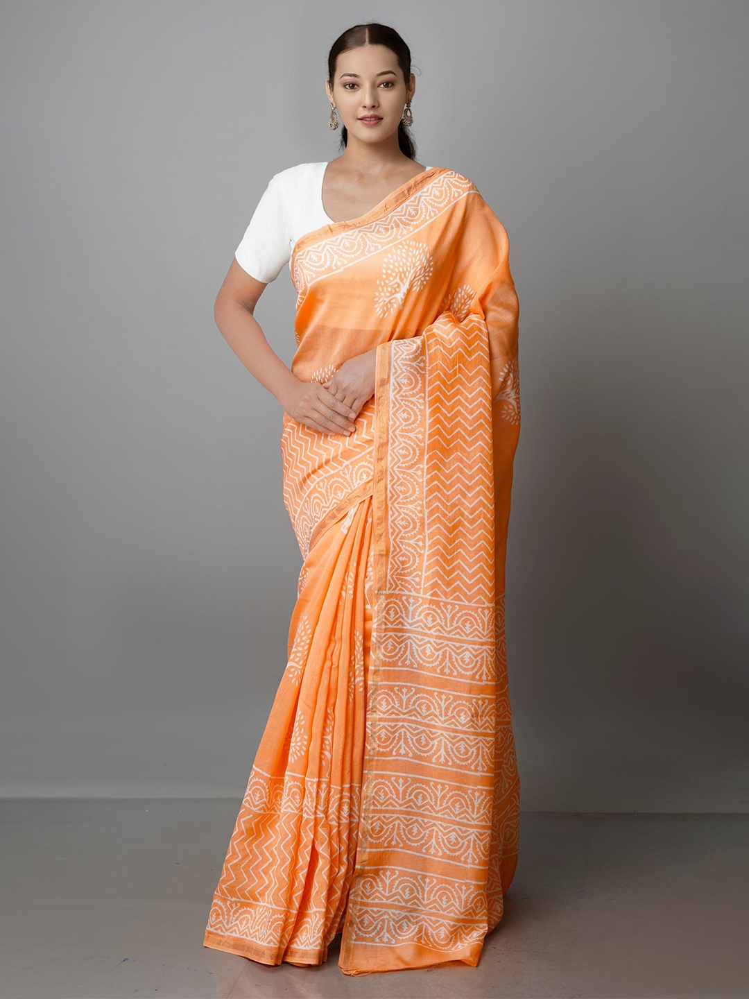 

Unnati Silks Ethnic Motifs Zari Silk Cotton Chanderi Saree, Peach