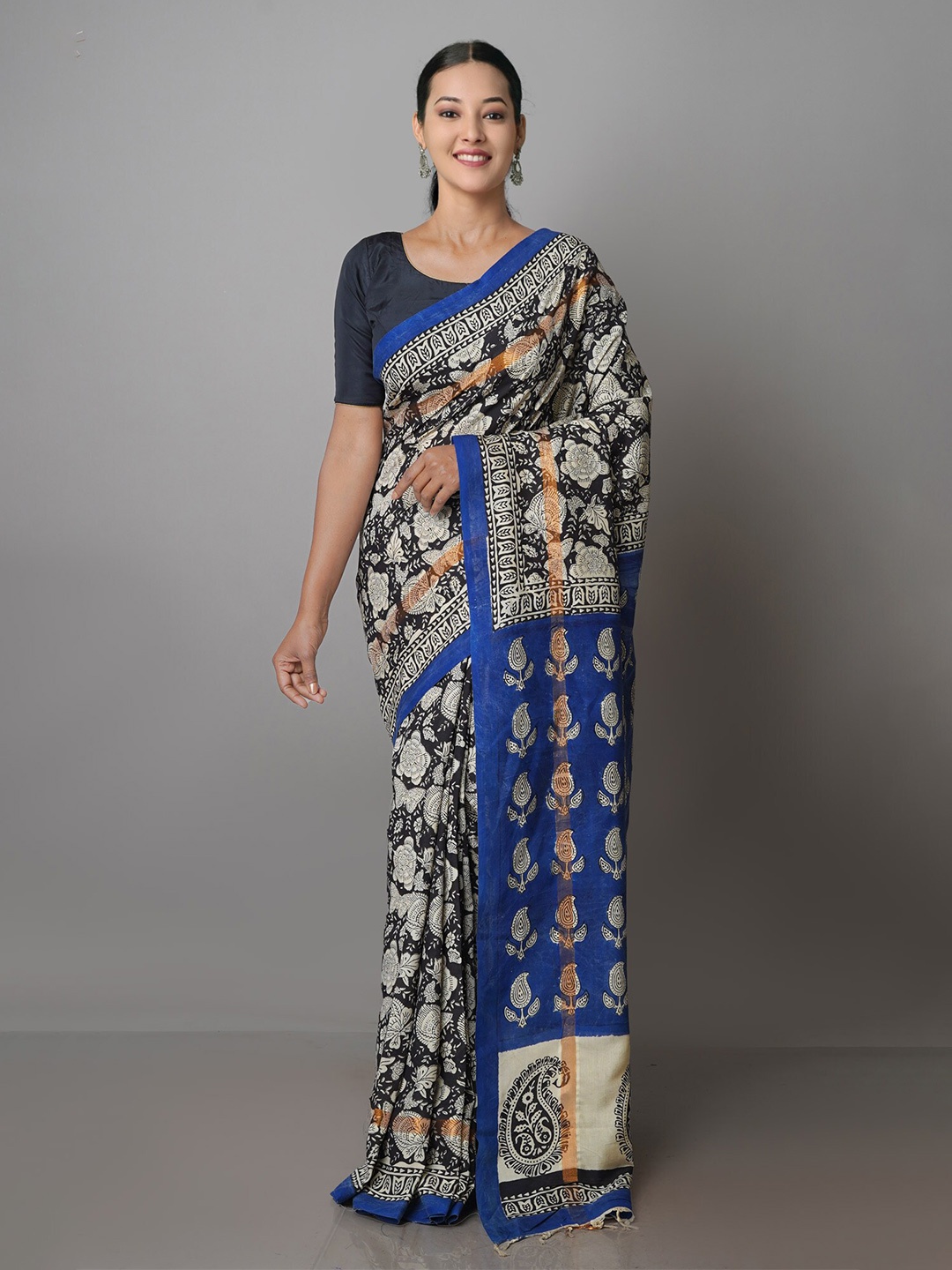 

Unnati Silks Ethnic Motifs Zari Silk Cotton Chanderi Saree, Black