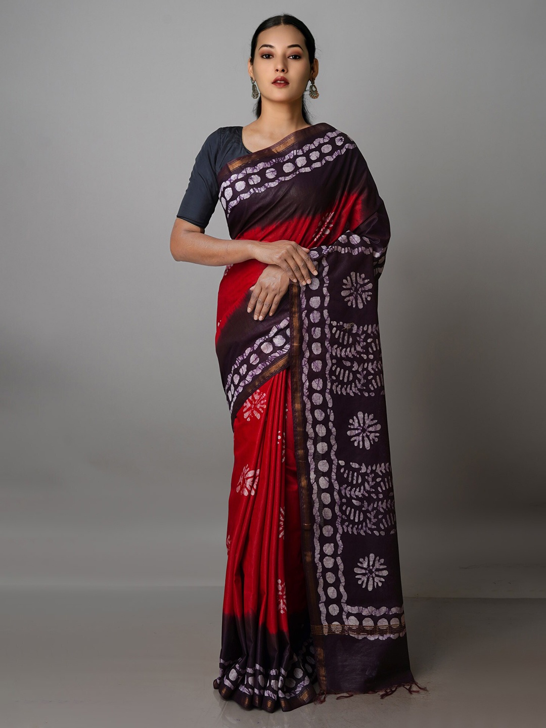 

Unnati Silks Batik Zari Pure Silk Chanderi Handloom Saree, Red