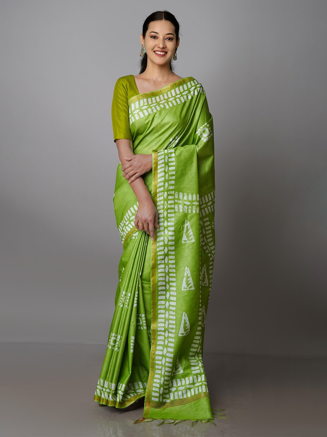 

Unnati Silks Batik Zari Pure Silk Handloom Chanderi Saree, Green
