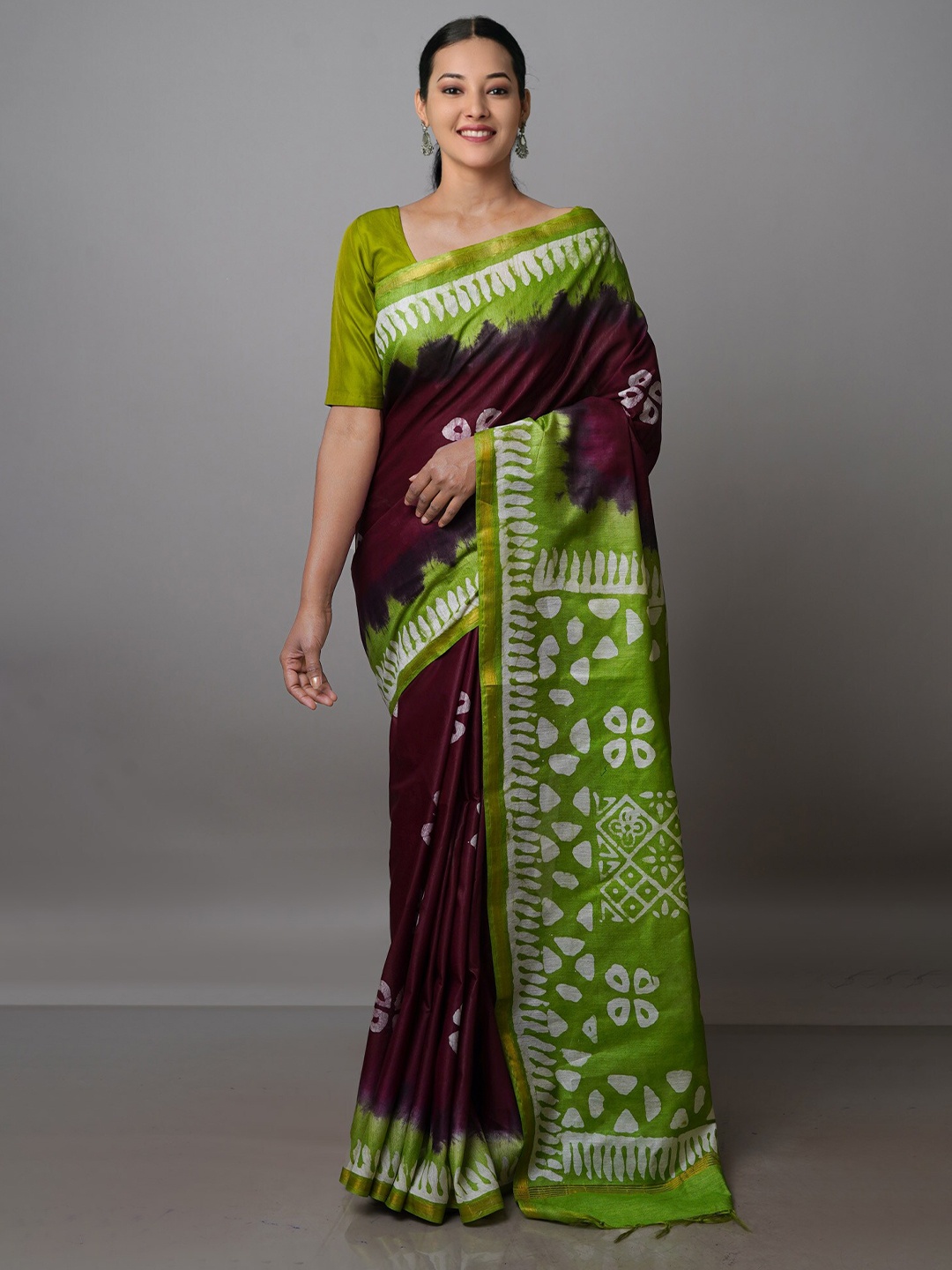 

Unnati Silks Batik Zari Pure Silk Handloom Chanderi Saree, Maroon