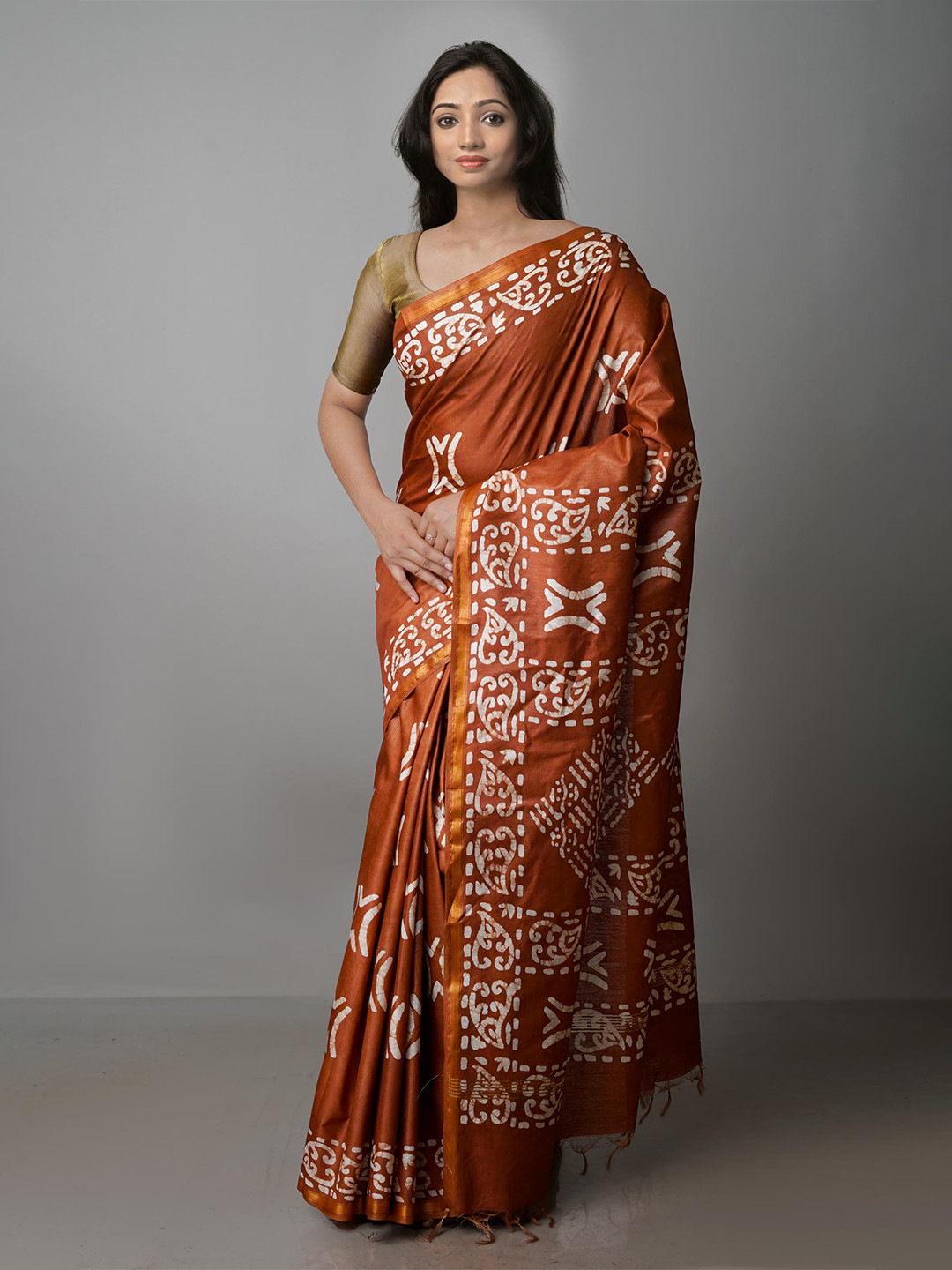 

Unnati Silks Batik Pure Silk Handloom Chanderi Saree, Brown