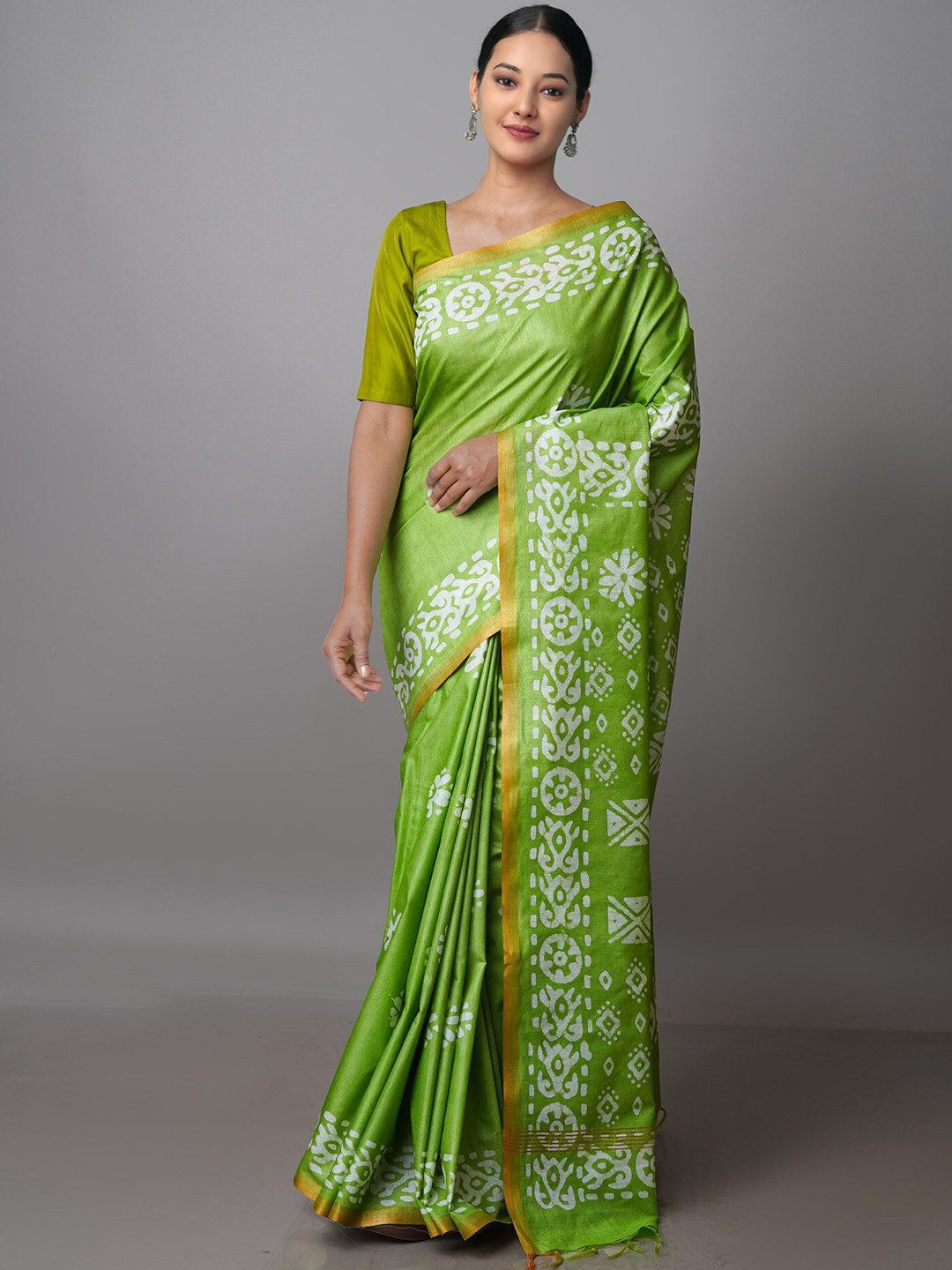 

Unnati Silks Batik Zari Pure Silk Chanderi Saree, Green