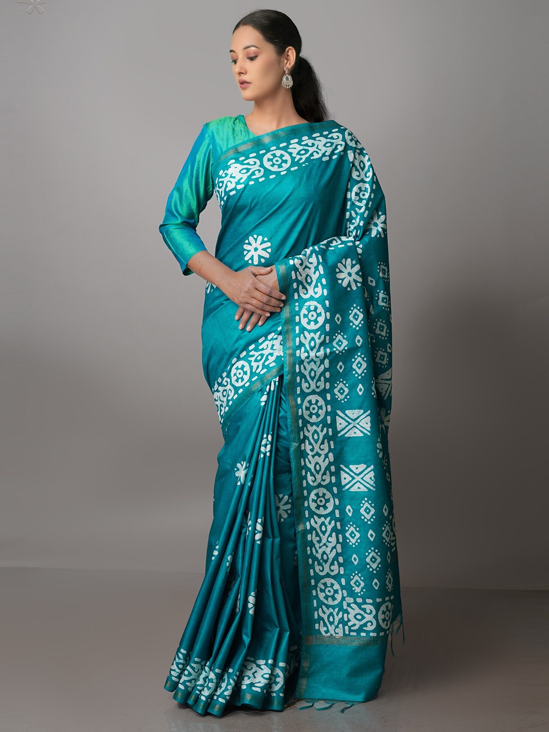 

Unnati Silks Batik Printed Zari Pure Silk Chanderi Saree, Turquoise blue