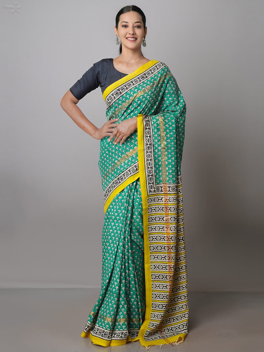 

Unnati Silks Floral Printed Zari Silk Cotton Chanderi Saree, Green