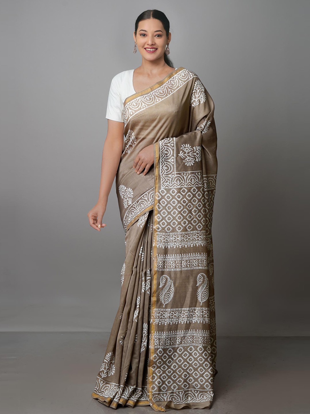 

Unnati Silks Ethnic Motifs Zari Handloom Silk Cotton Chanderi Saree, Brown