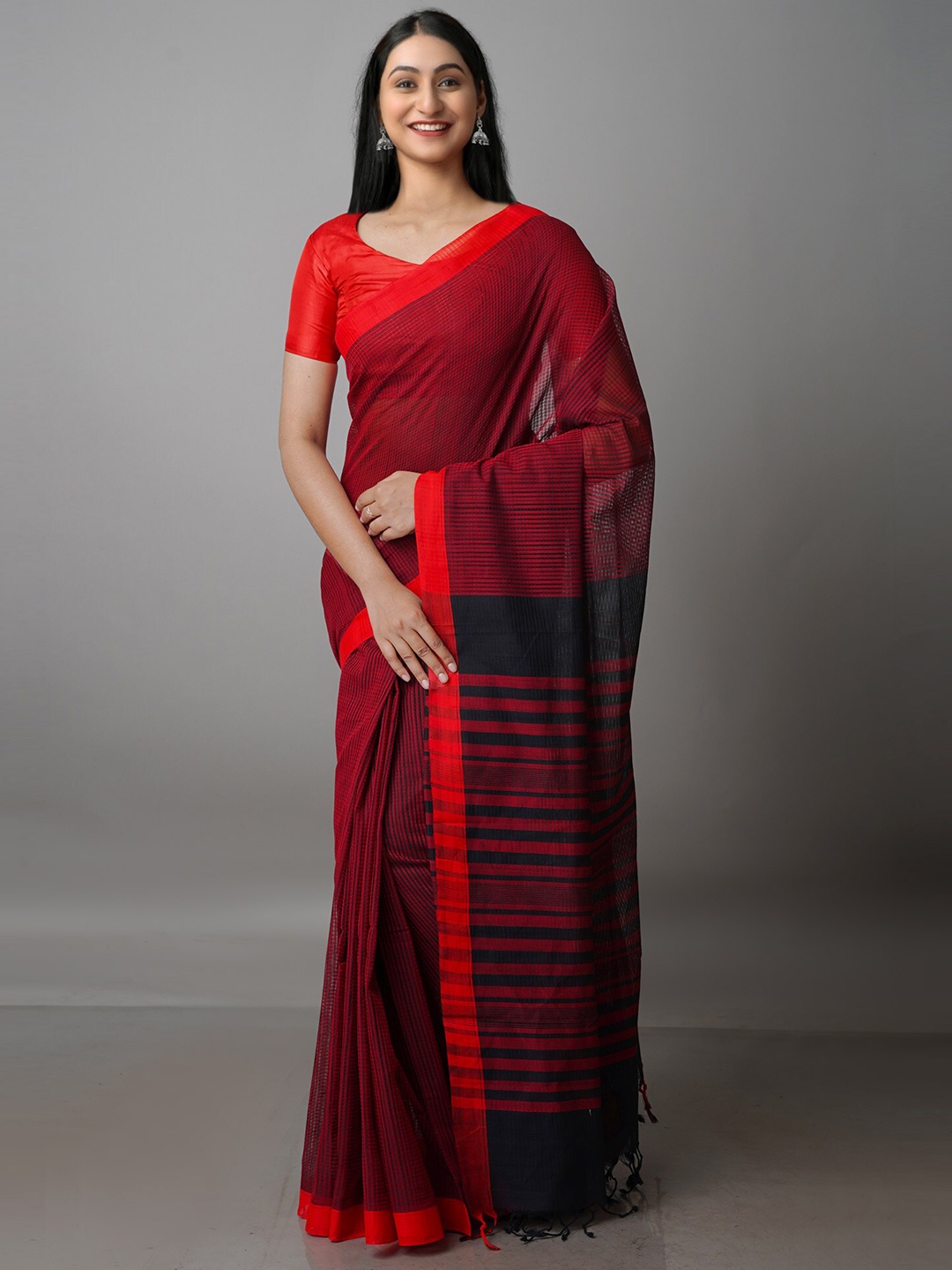 

Unnati Silks Striped Pure Cotton Mangalagiri Saree, Red