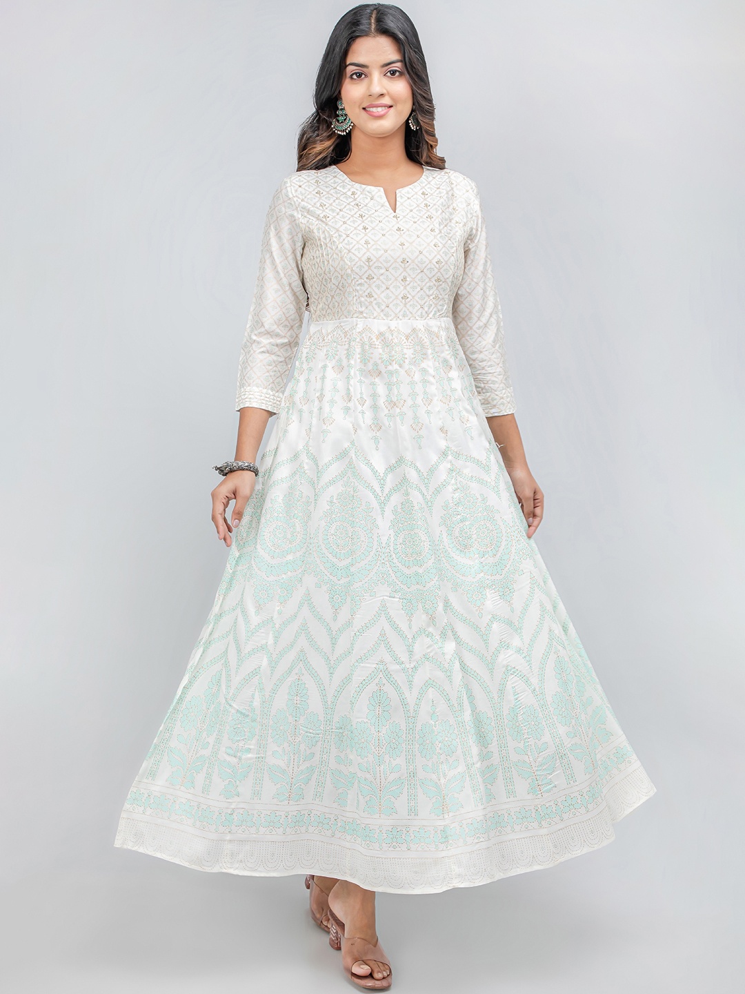 

SUTI Embroidered Notched Collar Maxi Ethnic Dress, Off white