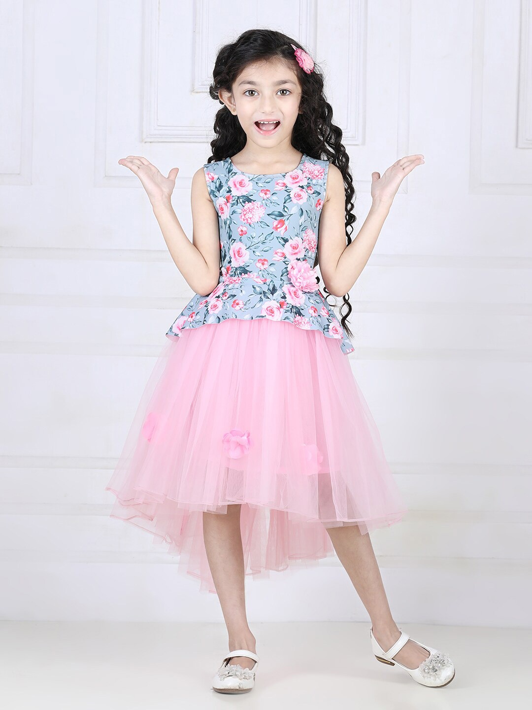 

Toy Balloon kids Girls Floral Printed Net Midi Dress, Pink