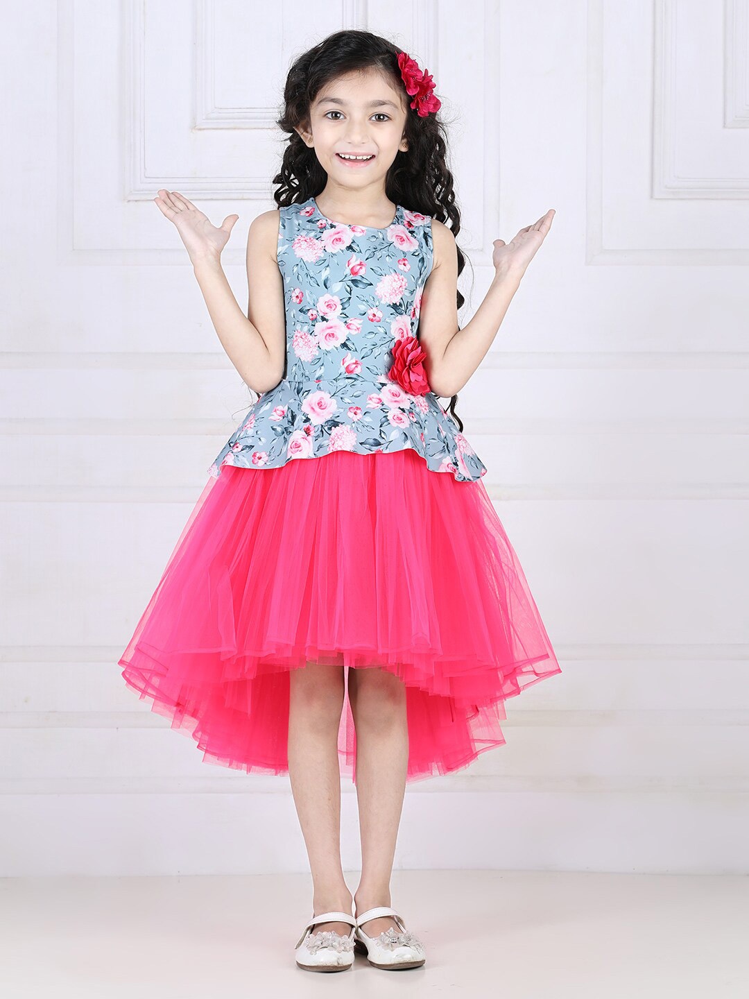 

Toy Balloon kids Girls Floral Printed Bow detailed High-Low Fit & Flare Dress, Fuchsia