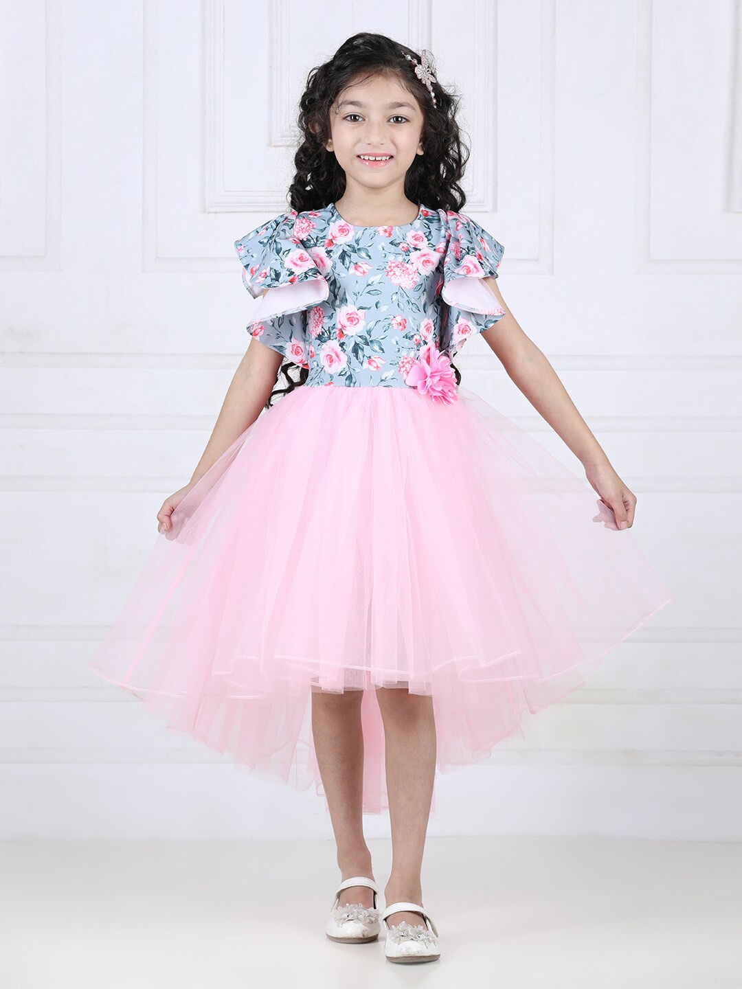 

Toy Balloon kids Net Floral Printed Flared Sleeves Tulle Fit & Flare Dress, Pink