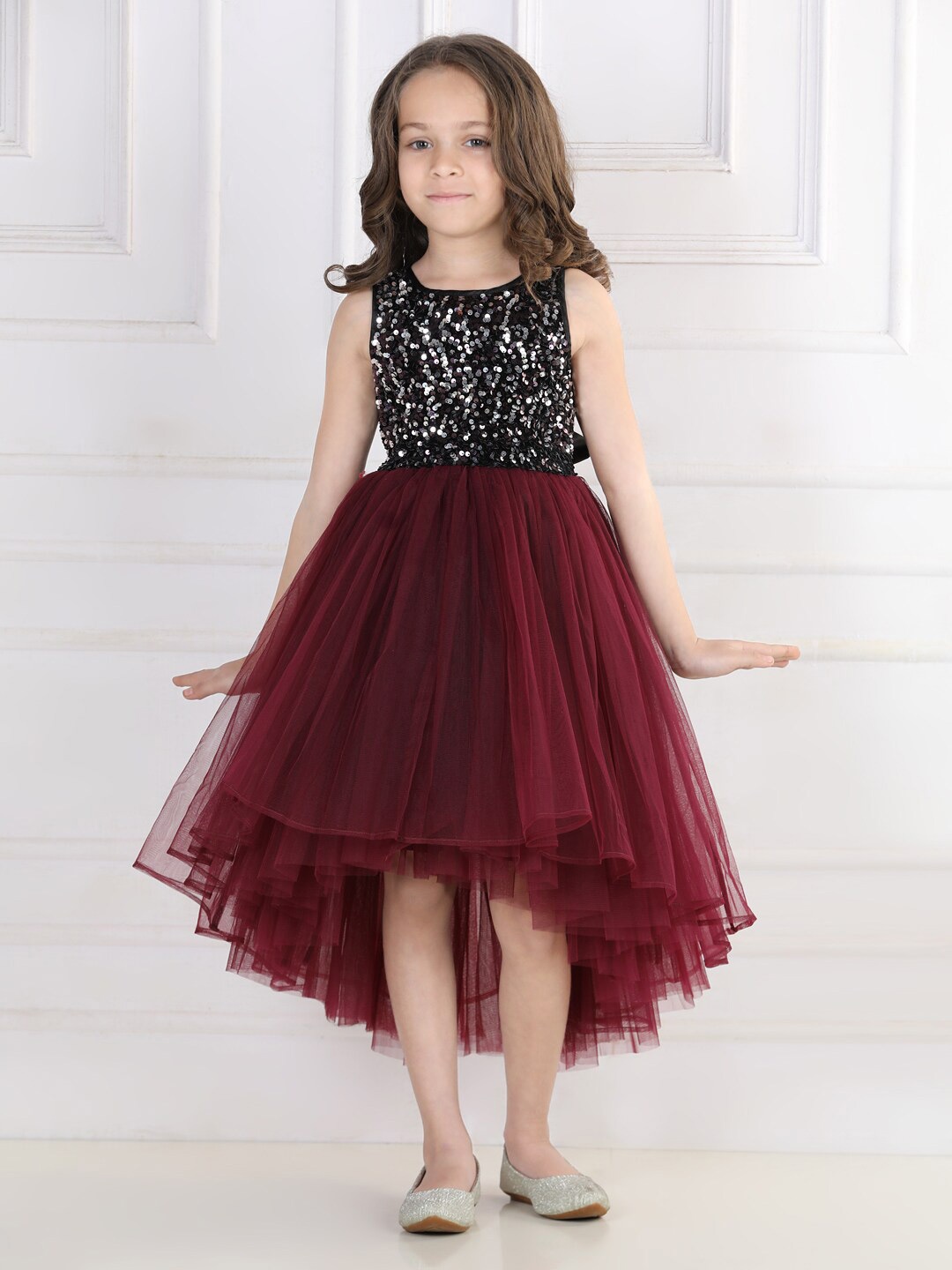 

Toy Balloon kids Girls Embellished Net Midi Dress, Maroon