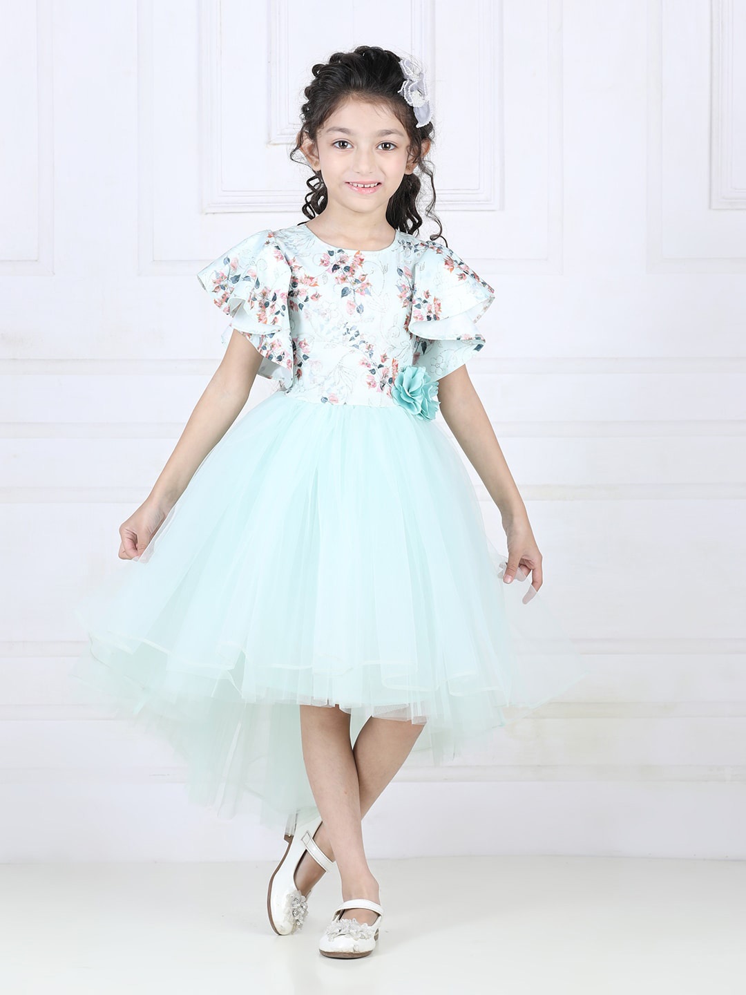 

Toy Balloon kids Floral Printed Net Fit and Flare Dress, Turquoise blue